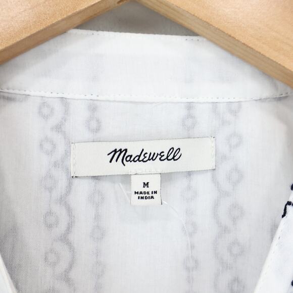 NWT Madewell Embroidered Poplin Shirred Button-Up Shirt White Dark Navy Medium - Picture 8 of 10